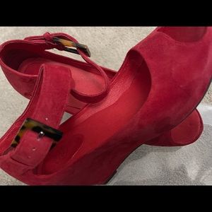 Johnson and Murphy red suede wedge with peep toe